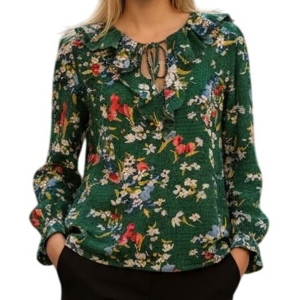 LOFT Green Floral Bouquet Ruffle Trim Tie Neck Blouse L/S NWOT Size Small